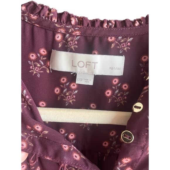 LOFT Purple/Wine Floral Petite Blouse with Ruffles Women’s Petite XXSP - Picture 3 of 4